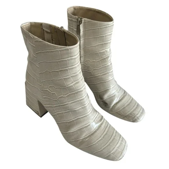 Sam Edelman Daruby Croc Ivory Block Heel Square Toe Boots Side Zip 9.5M - Picture 3 of 12